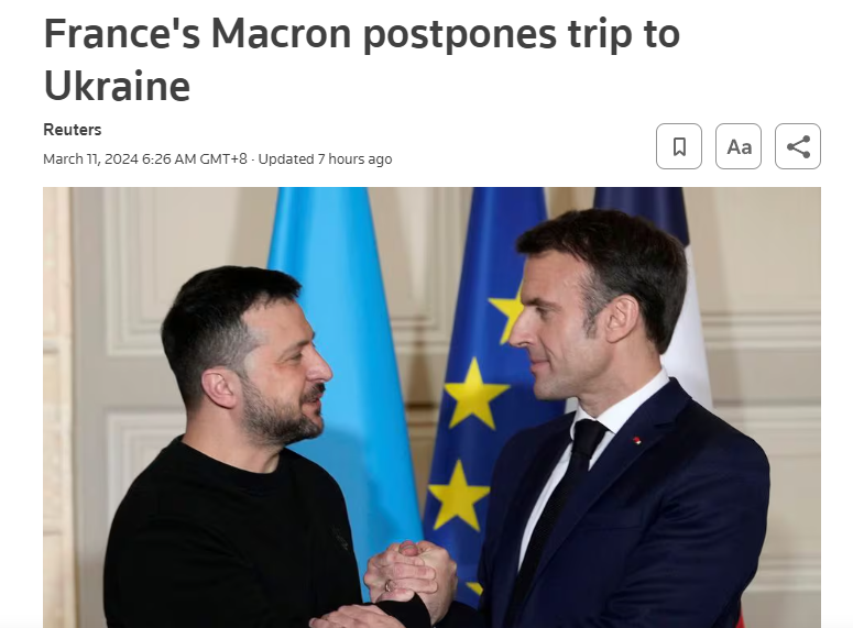 第三次推迟拜候！法邦总统府文书：马克龙将正在异日几周内拜访乌克兰