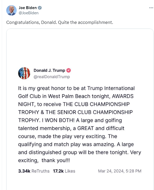 拜登“恭喜”特朗普正在其自家球场获高尔夫球冠军：纪念了，相当大的造诣