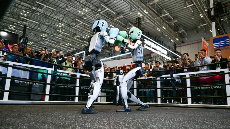 人形机器人格斗表演亮相进博会