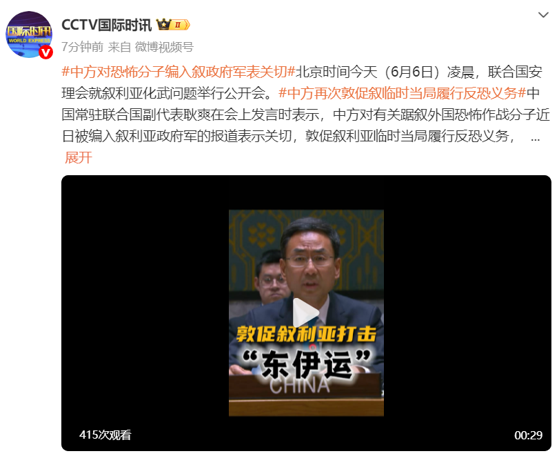 中方对恐怖分子编入叙政府军表关切