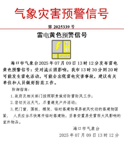 海口雷电黄色预警生效中！9日影响这些时段插图1