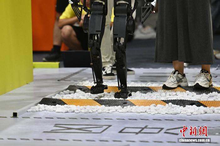 8月24日，第二十七届中国机器人及人工智能大赛人形机器人专项赛全国决赛在安徽省合肥市开赛，该赛事也是中国首个全尺寸人形机器人赛事。比赛吸引了中国近400所高校的6000余名学生参与。赛题紧密围绕工业、家庭服务等真实场景需求，推动人形机器人在多场景中的技术验证与应用突破。图为全尺寸人形机器人正在通过不平地面、减速带、碎石子等复杂地形。中新社记者 韩苏原 摄