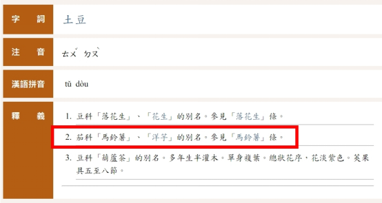 台当局“教育部”辞典中，“土豆”也是马铃薯的别名。图自TVBS新闻网