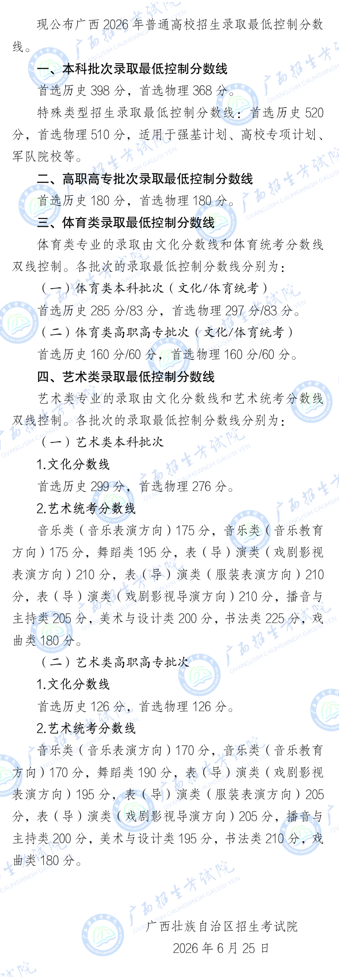 广西2026年普通高校招生录取最低控制分数线公布