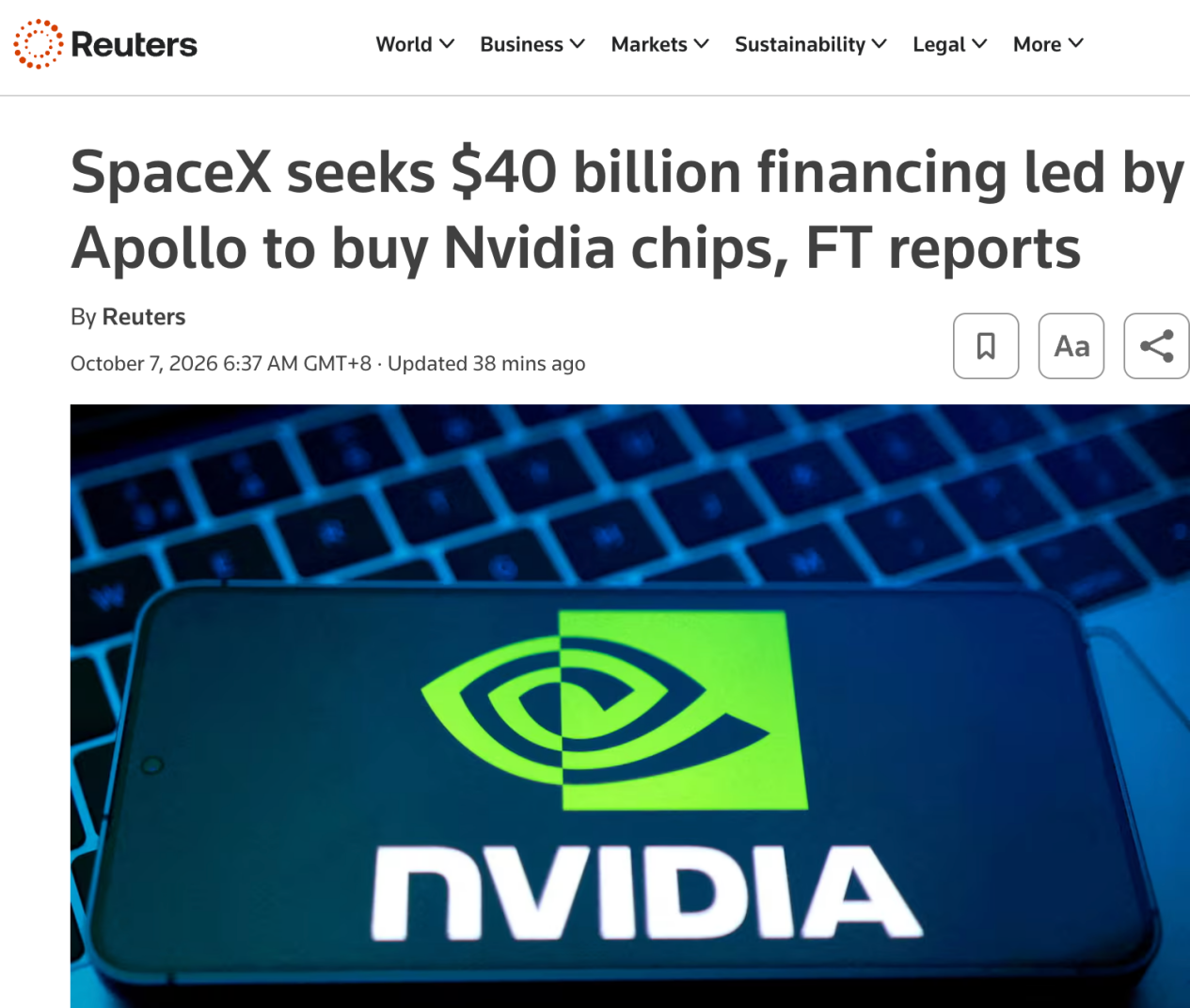 SpaceX拟融资400亿美元豪购英伟达AI芯片：阿波罗牵头交易预计2027年完成
