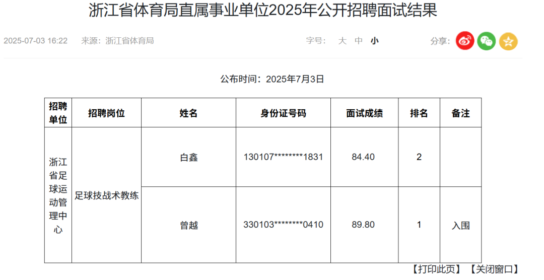 浙江省体育局：经考察核实，曾某不符合招聘条件，取消招聘资格插图2