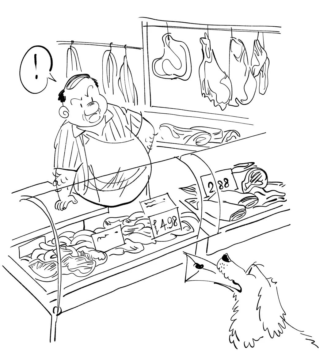 于是他取走钱,把香肠和羊腿装进袋子,套在狗的脖子上.