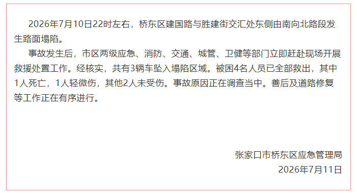河北张家口通报一路段发生路面塌陷：共有3辆车坠入塌陷区域，1人死亡，1人轻微伤