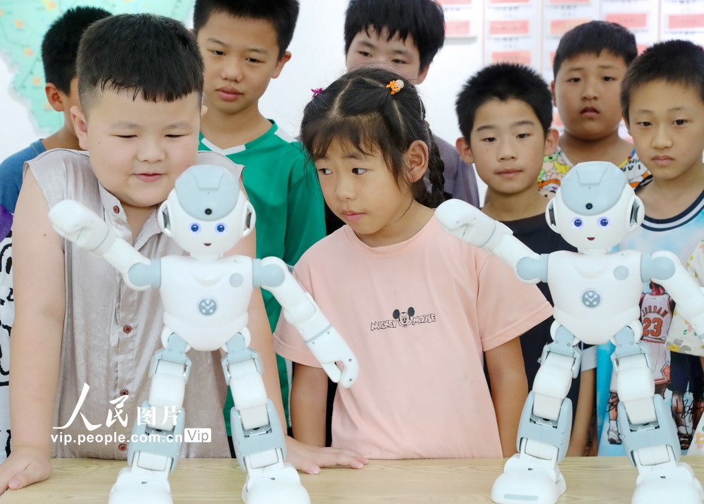 8月4日，在山东青岛莱西市河头店镇龙泉湖新村小雨滴暑假公益课堂，返乡大学生和青年志愿者为村里小朋友们带来一堂别开生面的机器人科普课。通过讲解原理与未来应用、模型展示及机器人、机器狗表演，让小朋友们零距离体验科技魅力，点燃创新梦想。张进刚摄（人民图片网）
