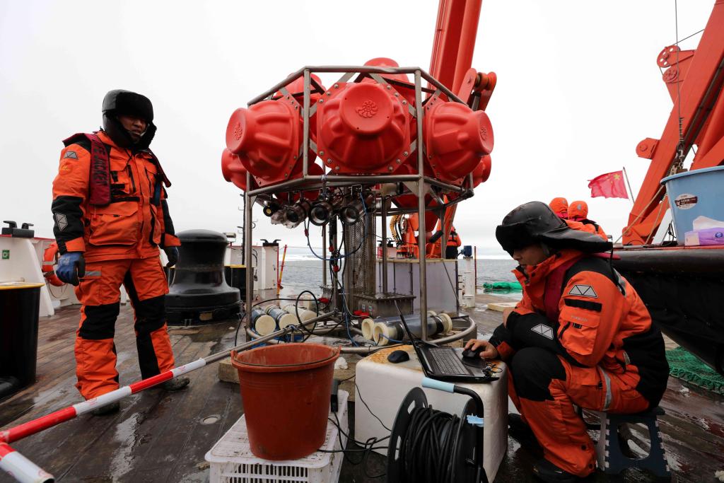图为刘坤（右）等科考队员和刚回收到船上的海底生物影像观测系统。新华社记者 刘诗平 摄 刘坤表示，通过获取底栖生物原位影像资料，分析底栖生物多样性与分布格局，并持续跟踪气候驱动下的物种北移与群落重组，力求回答“北极底栖生态系统在发生什么样的变化”和“为什么发生这种变化”，从而为北极生态保护与渔业管理提供量化证据与预警。 与以往不同，本次考察首次按水深梯度在陆架—陆坡—深海剖面上布放海底生物影像观测系统。获取的影像资料显示，群落结构随水深呈现显著差异：陆架和陆坡区以泥海星、伞状海鳃等占优，深海盆地则出现巨型海参——透明科尔加海参的高密度带。 时间梯度捕捉“冰藻脉冲”  “与往年主要在楚科奇海海台区开展调查不同，本次底栖生物监测站位集中在楚科奇海西北部的陆坡区和深水区。这里位于大西洋海水和太平洋海水交汇处，营养物质供应充足，底栖生物多样性更高、群落结构更为复杂。”刘坤说。