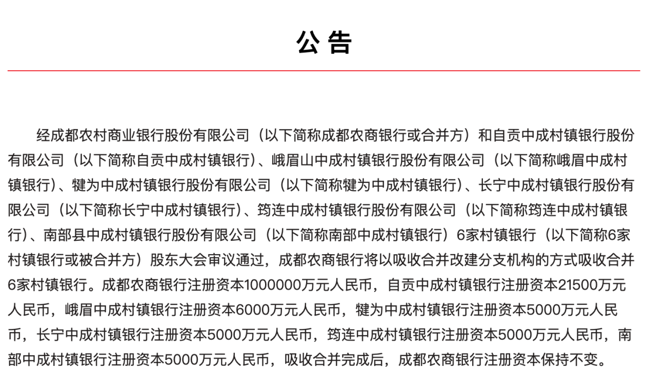 成都农商银行:将吸收合并6家村镇银行