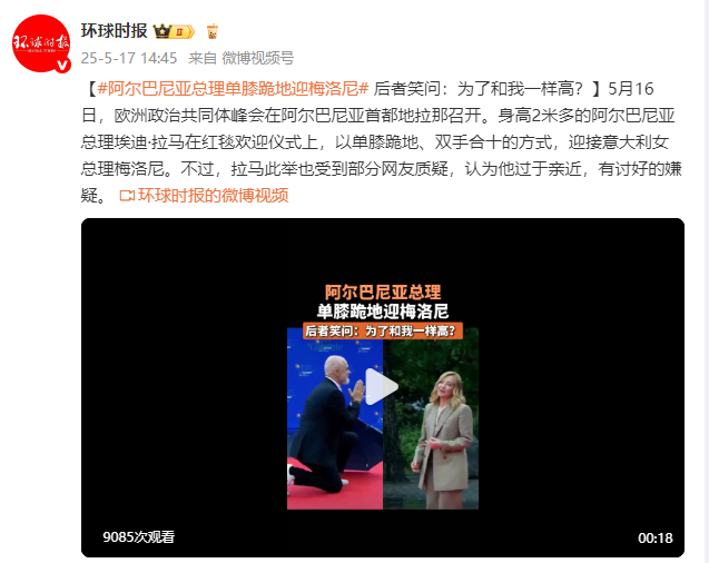 阿尔巴尼亚总理单膝跪地迎梅洛尼 引发网友质疑  第🈲𝟝𝟙1张