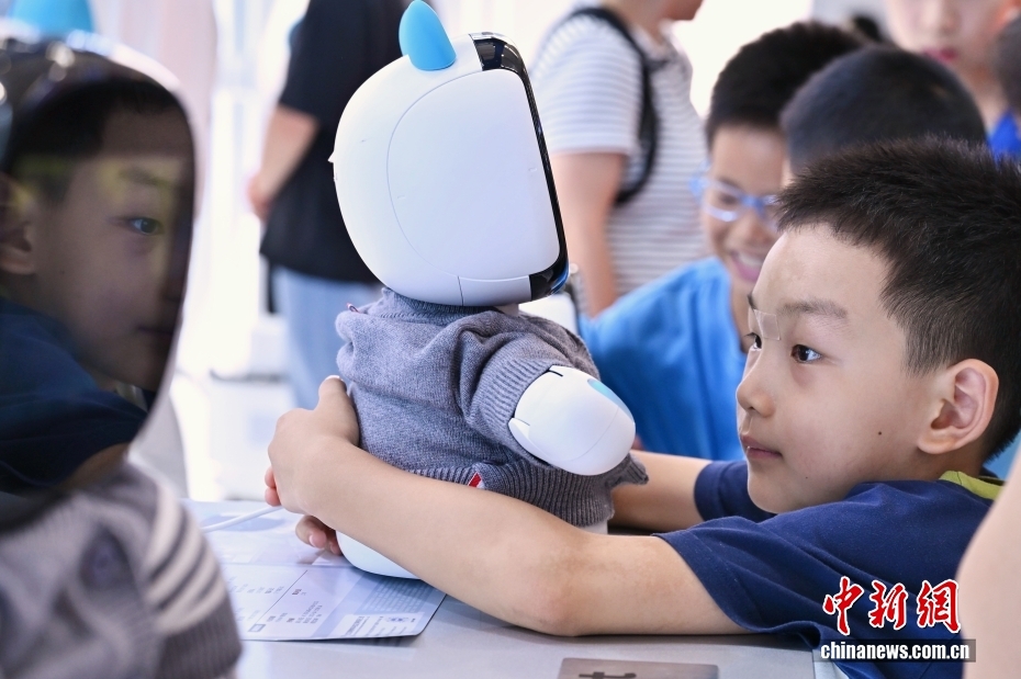 中新社记者 王紫儒 摄 8月10日，2025世界机器人大会上陪伴型机器人受欢迎。该大会于8月8日至12日在北京亦庄举行，主题为“让机器人更智慧，让具身体更智能”。图为小观众拥抱一款陪伴型机器人。