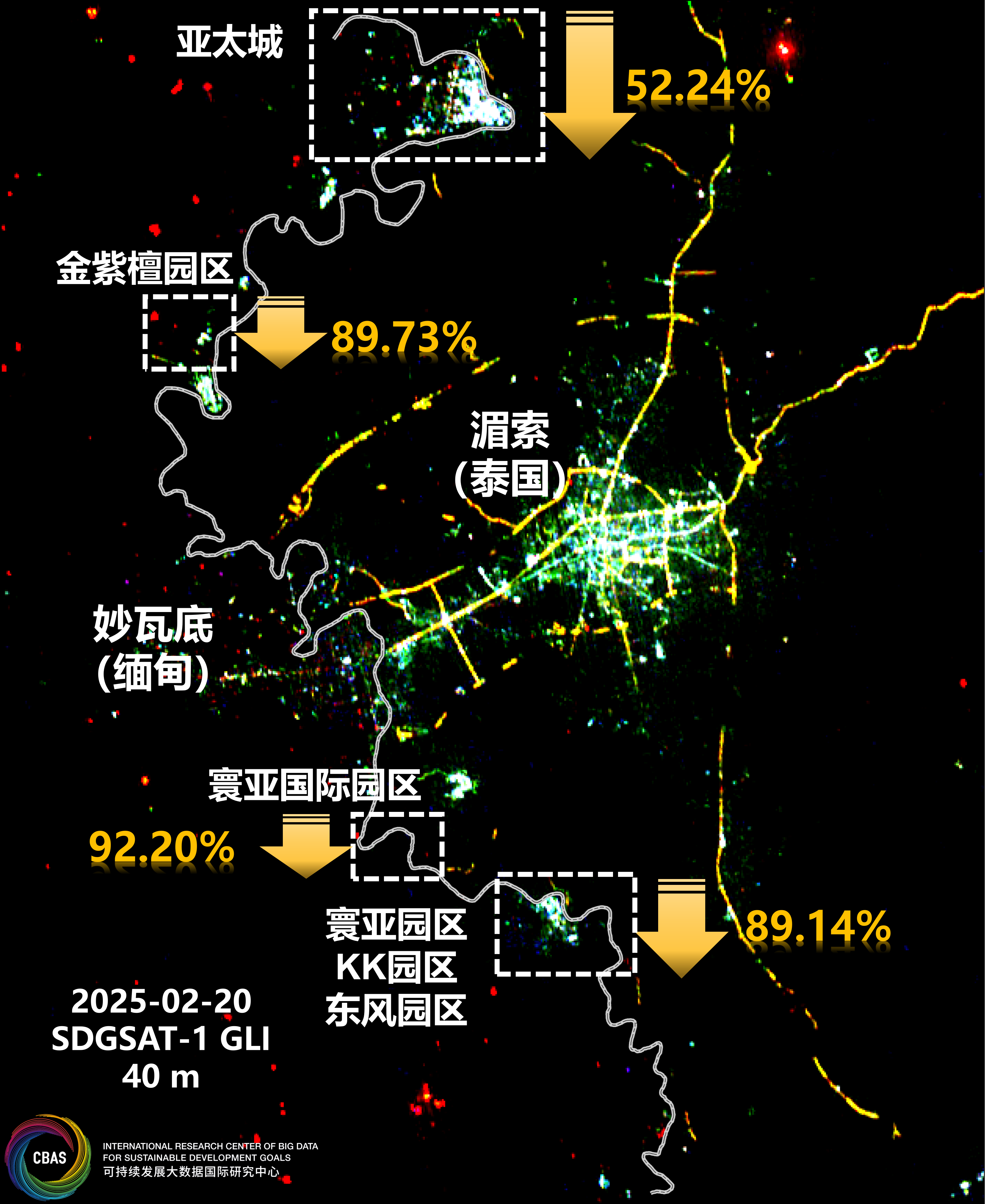 泰国政府实施“三断”之后，SDGSAT-1卫星于2月20日拍摄的妙瓦底地区微光卫星影像（图片来源：可持续发展大数据国际研究中心）