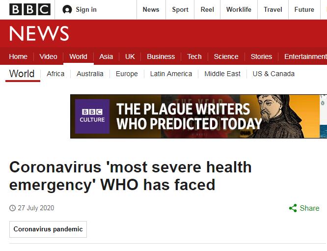 （BBC：新冠是世卫组织面临的“最严重的突发公共卫生事件”）